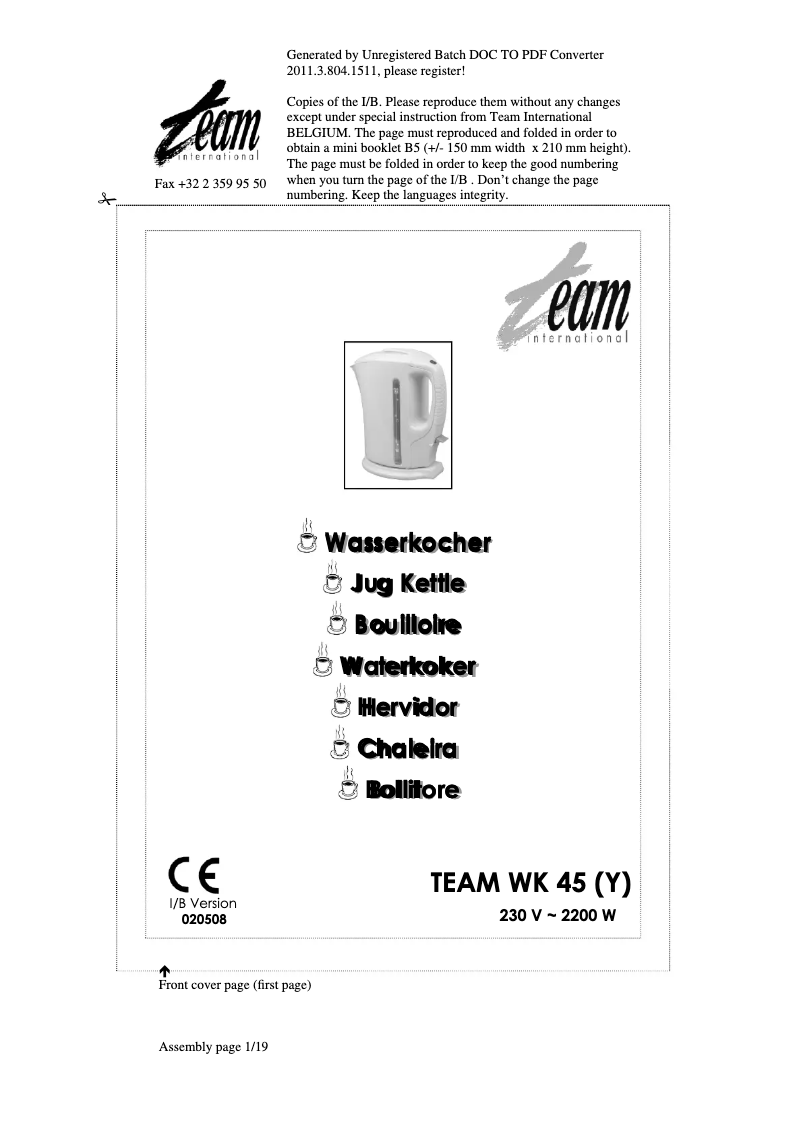 Page 1 de la notice Manuel utilisateur Team WK 45