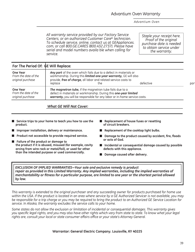 Page 1 of the manual Warranty Information GE JVM6175EFES