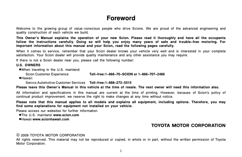 Page 1 de la notice Manuel utilisateur Scion xD (2010)