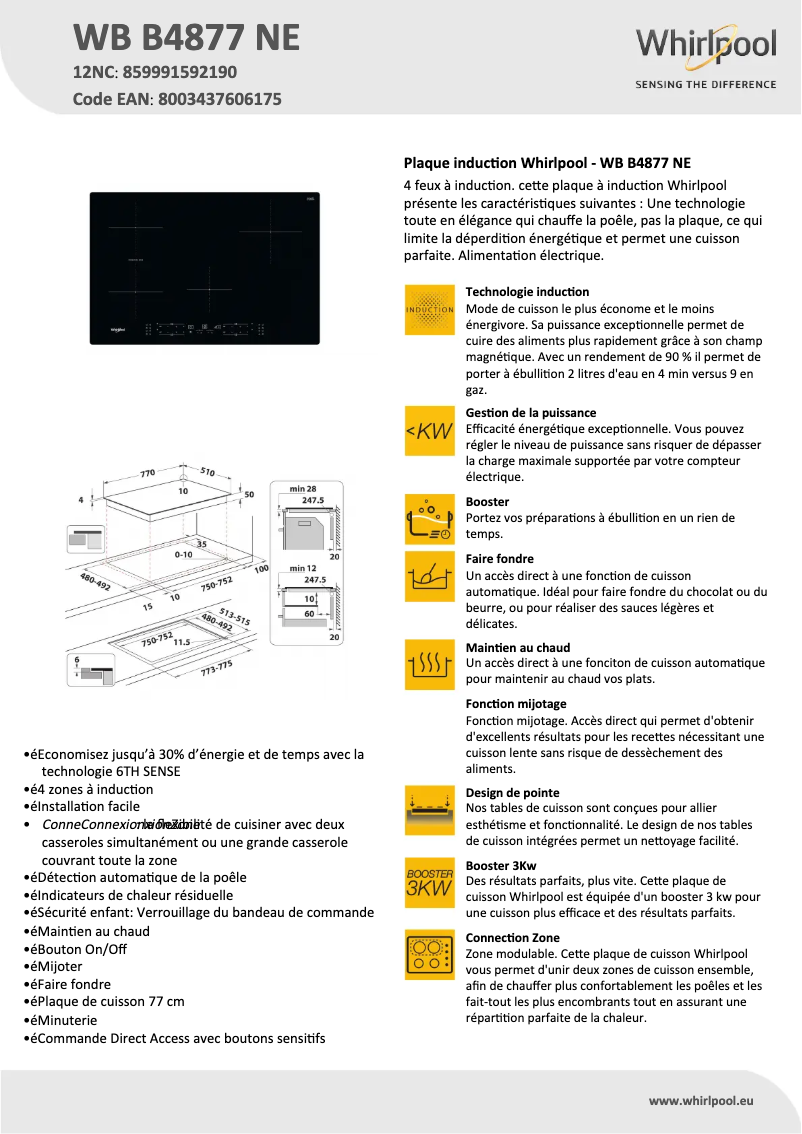 Page 1 de la notice Fiche technique Whirlpool WB B4877 NE