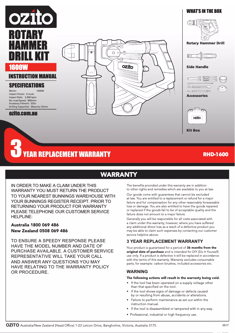 Page 1 de la notice Mode d'emploi Ozito RHD-1600