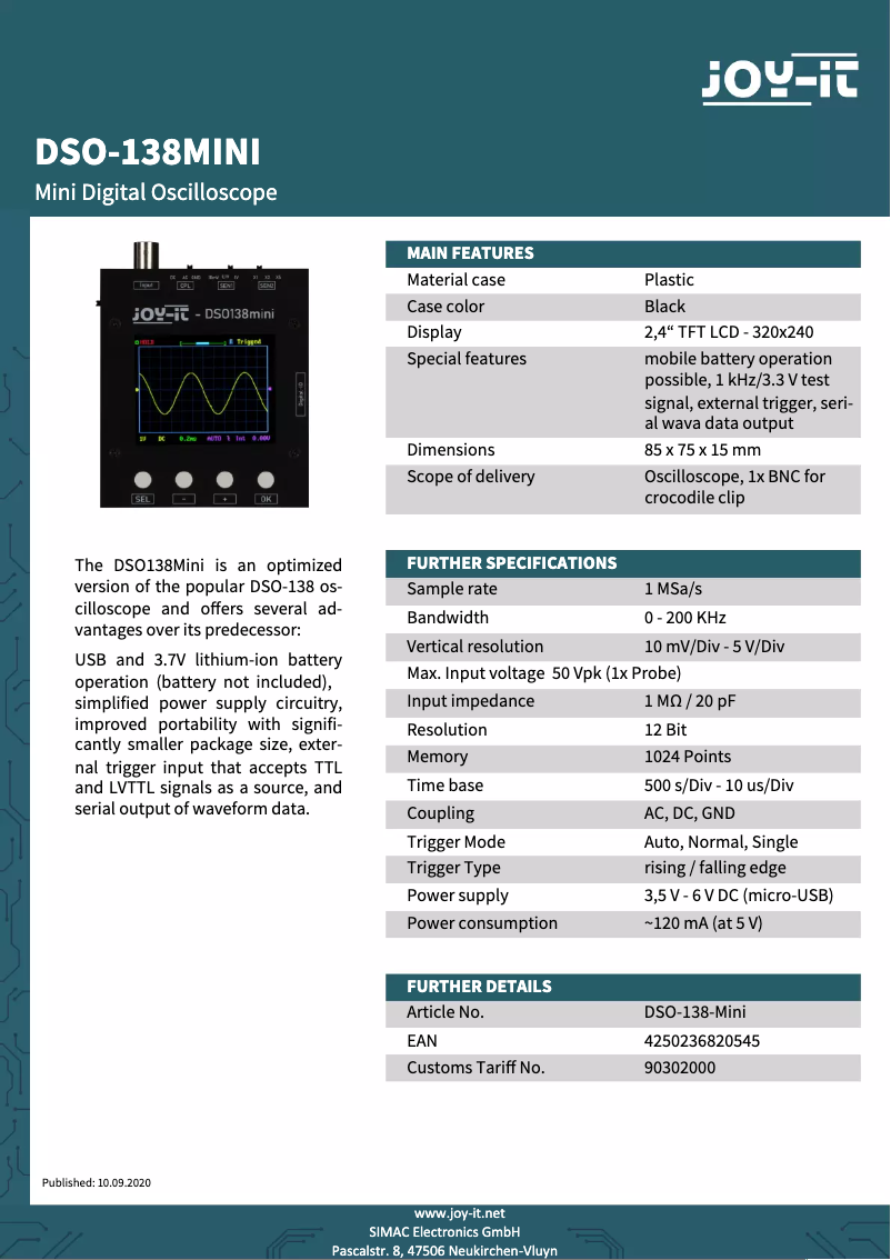 Page 1 of the manual Technical Sheet Joy-It DSO-138-Mini