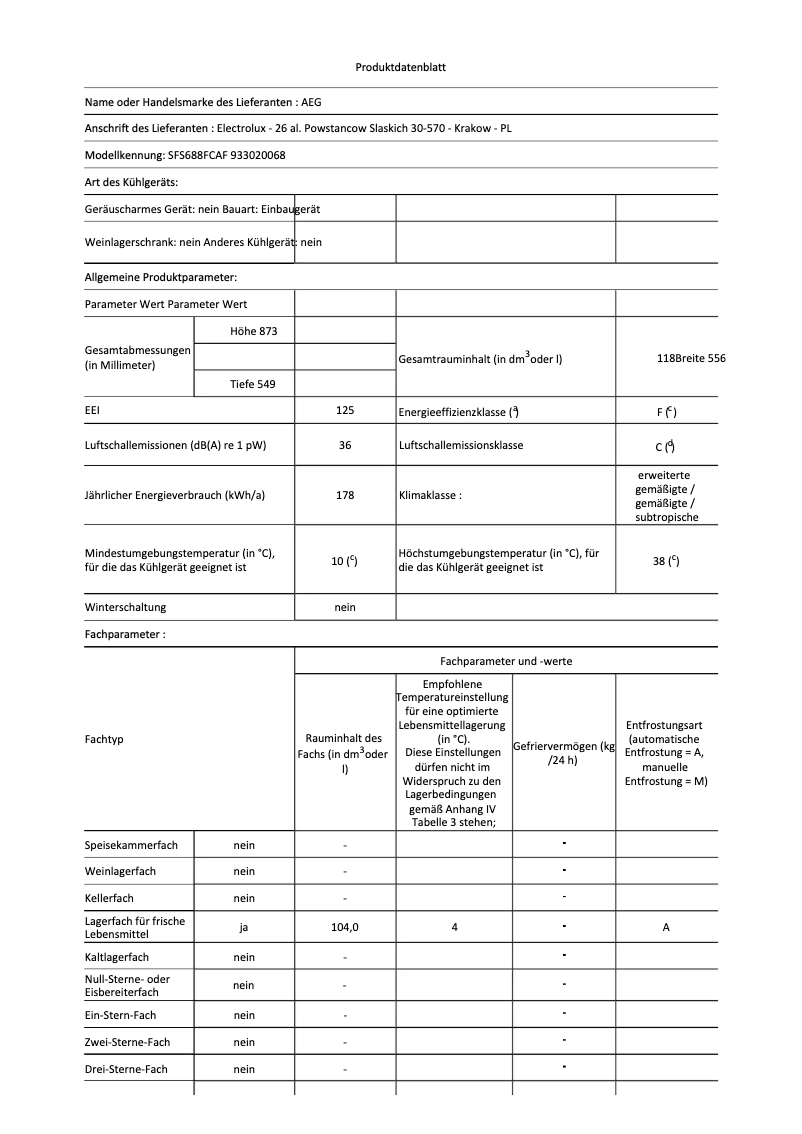 Page 1 de la notice Fiche technique AEG SFS688FCAF