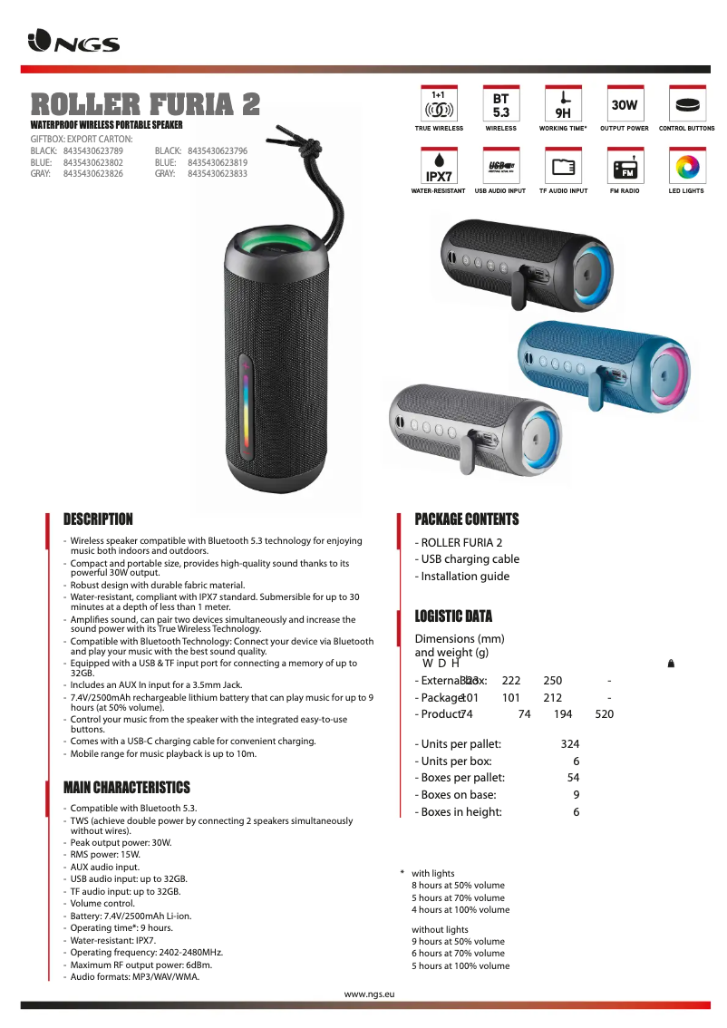 Page 1 de la notice Fiche technique NGS Roller Furia 2