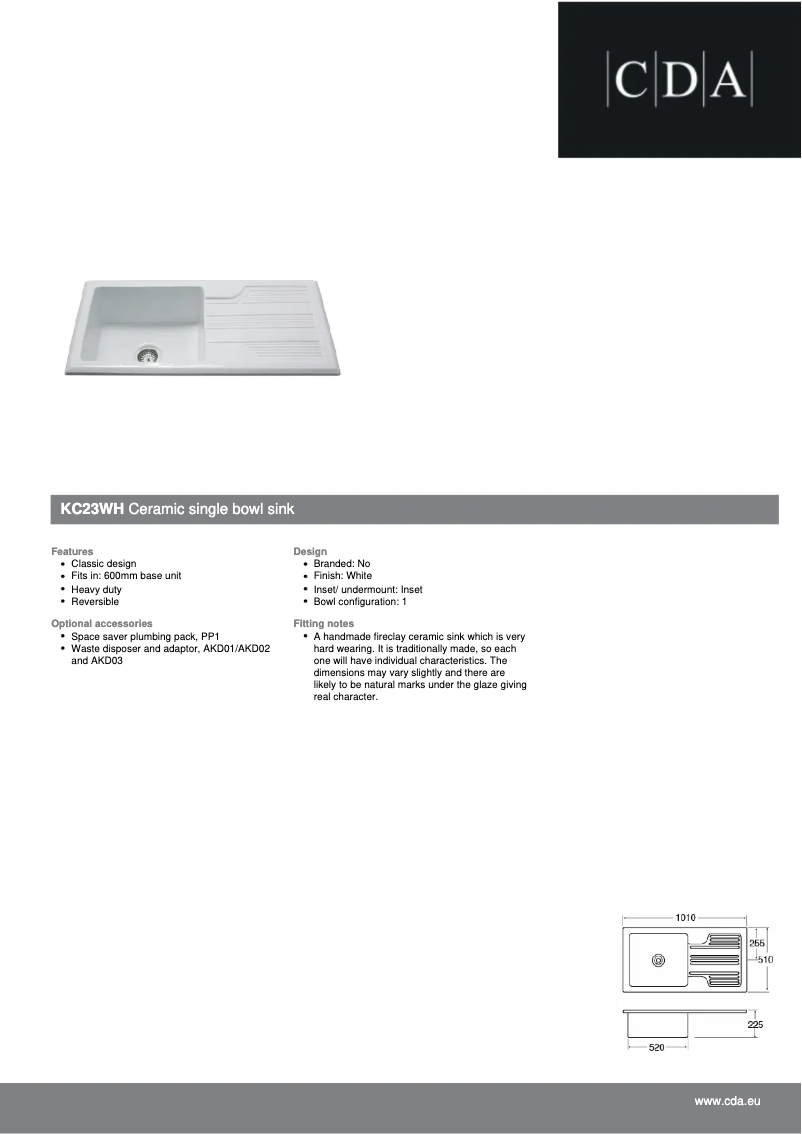 Page 1 de la notice Fiche technique CDA KC23WH