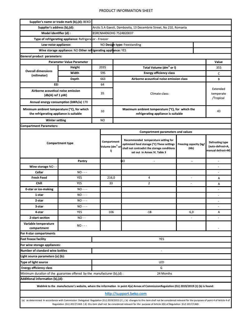 Page 1 de la notice Fiche technique Beko B5RCNA406OHG