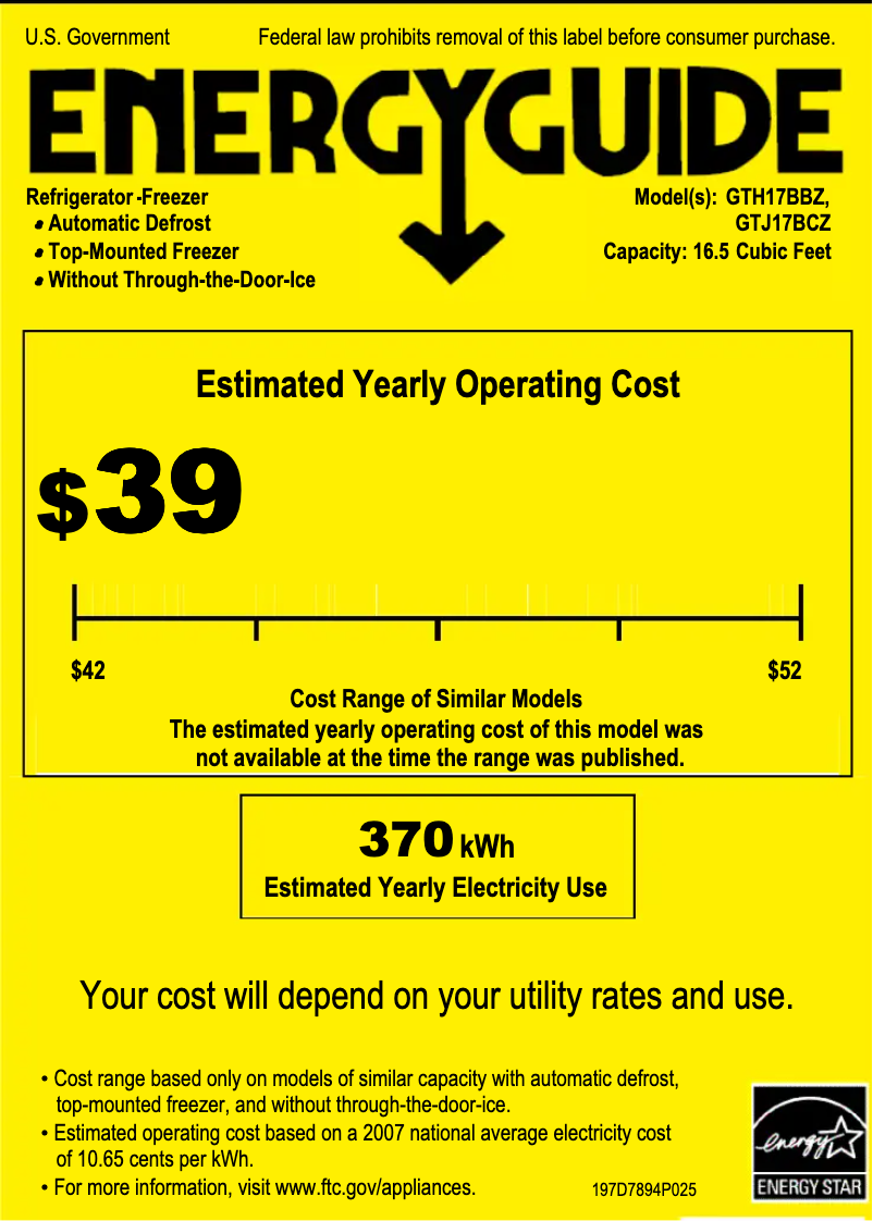 Page n°1 - Label énergétique GE GTH17BBZRWW