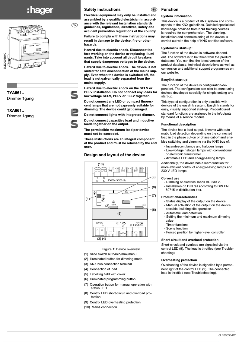Page 1 de la notice Manuel utilisateur Hager TYA661B