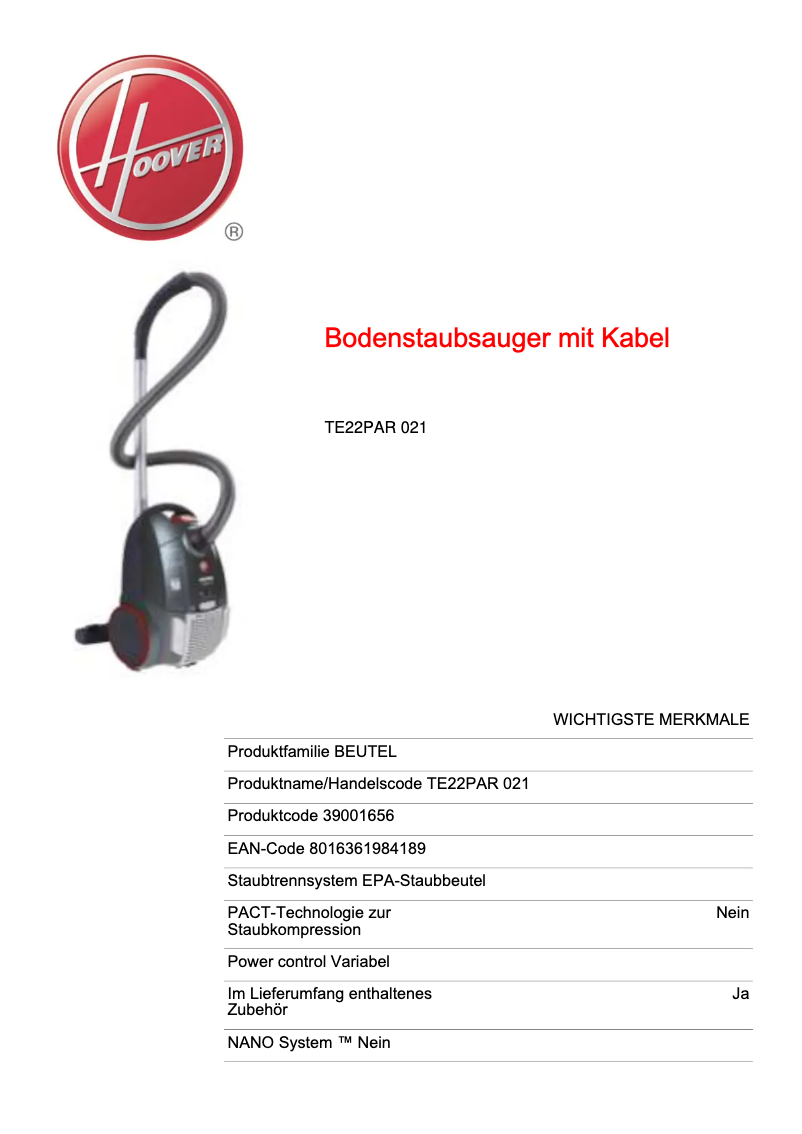 Page 1 de la notice Fiche technique Hoover TE22PAR 021