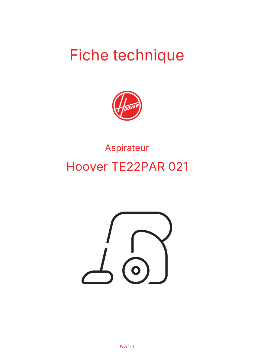 Page 1 de la notice Fiche technique Hoover TE22PAR 021