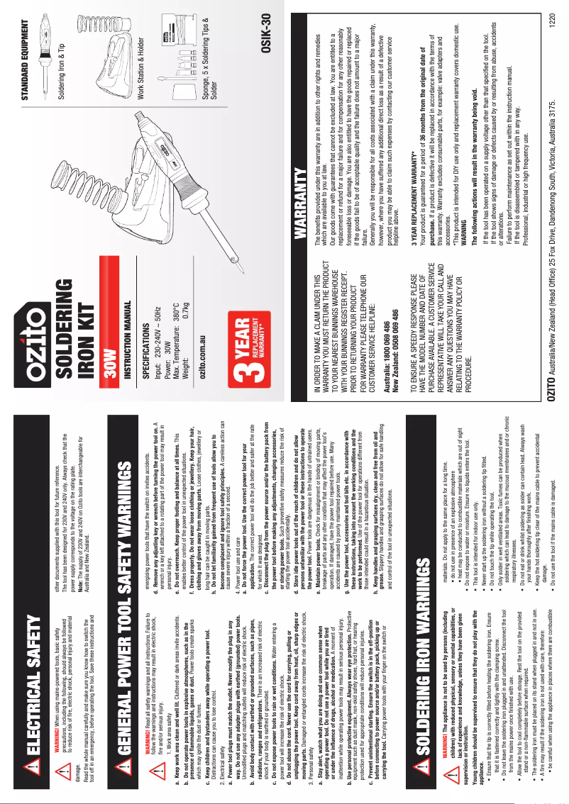 Page 1 de la notice Manuel utilisateur Ozito OSIK-30