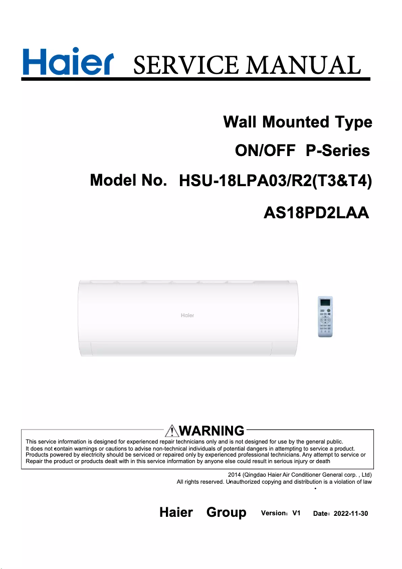 Page 1 de la notice Manuel utilisateur Haier HSU-18LPA03/R2