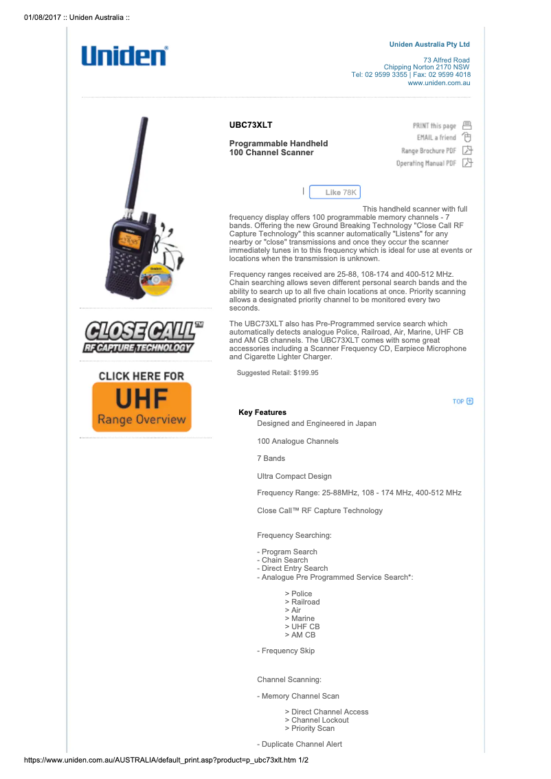 Page 1 de la notice Manuel utilisateur Uniden UBC73XLT