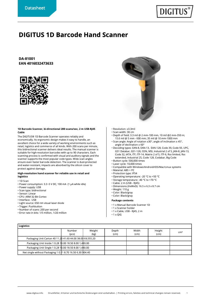 Page 1 de la notice Fiche technique Digitus DA-81001