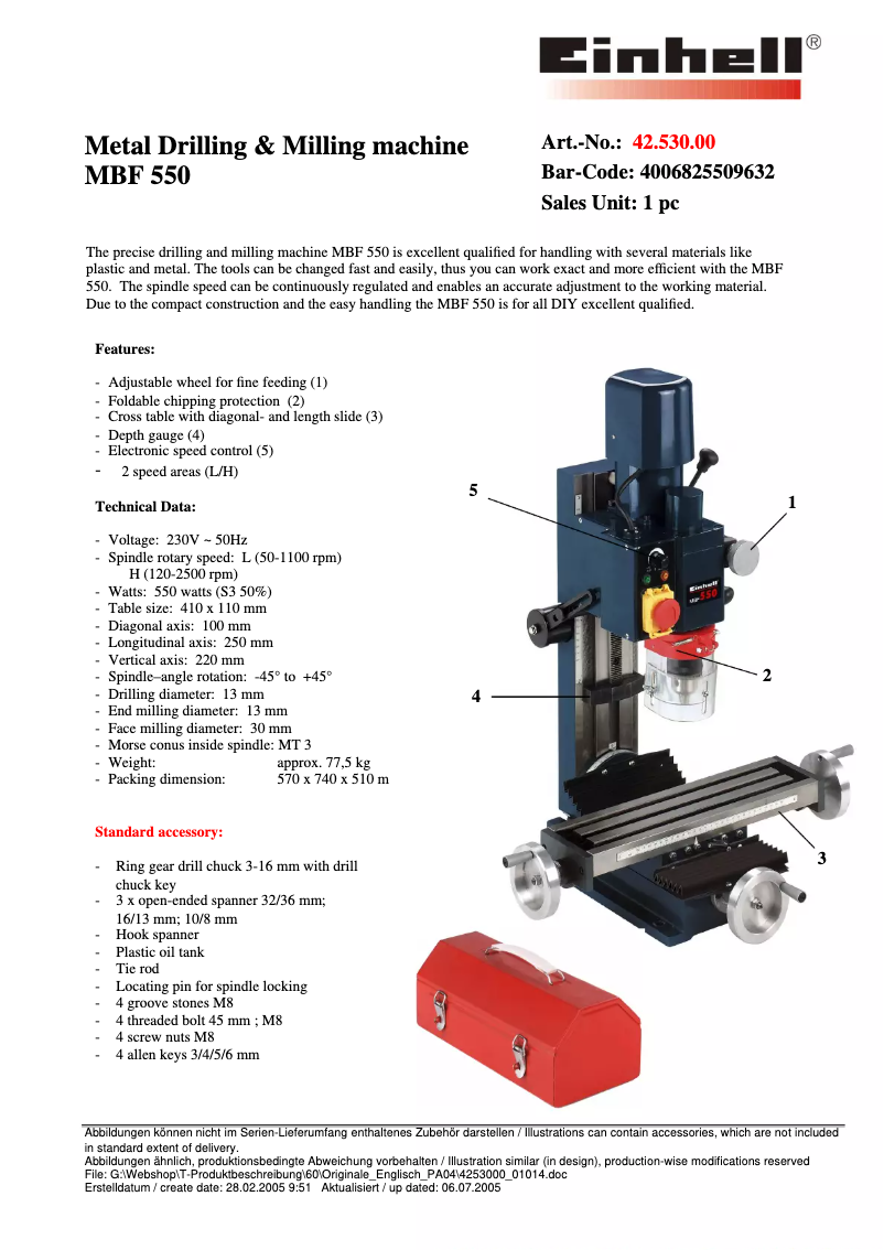 Page 1 de la notice Fiche technique Einhell MBF 550