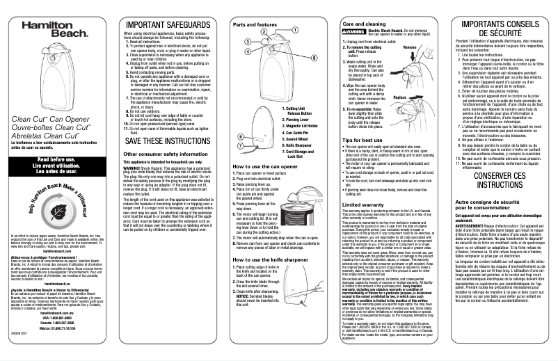 Page 1 de la notice Mode d'emploi Hamilton Beach Clean Cut 76380Z