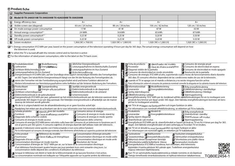 Page 1 de la notice Fiche technique Panasonic TX-39AS500B