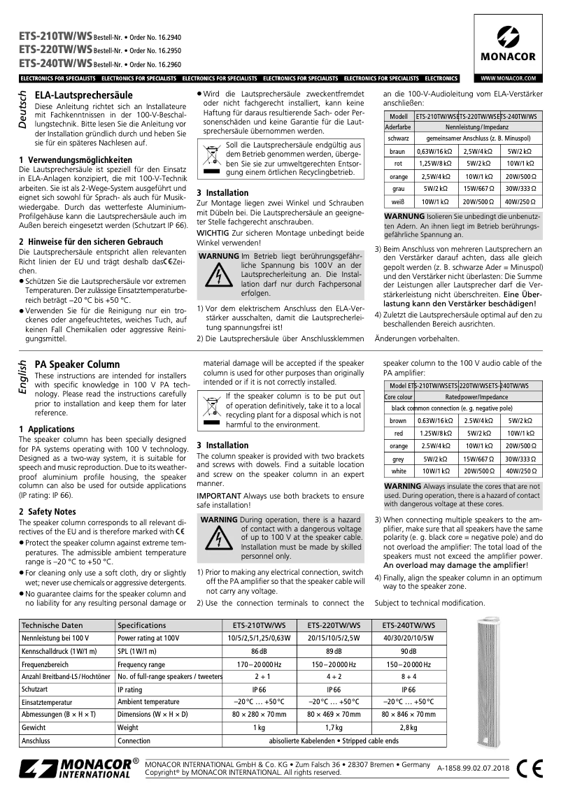Page 1 de la notice Manuel utilisateur Monacor ETS-240TW/WS