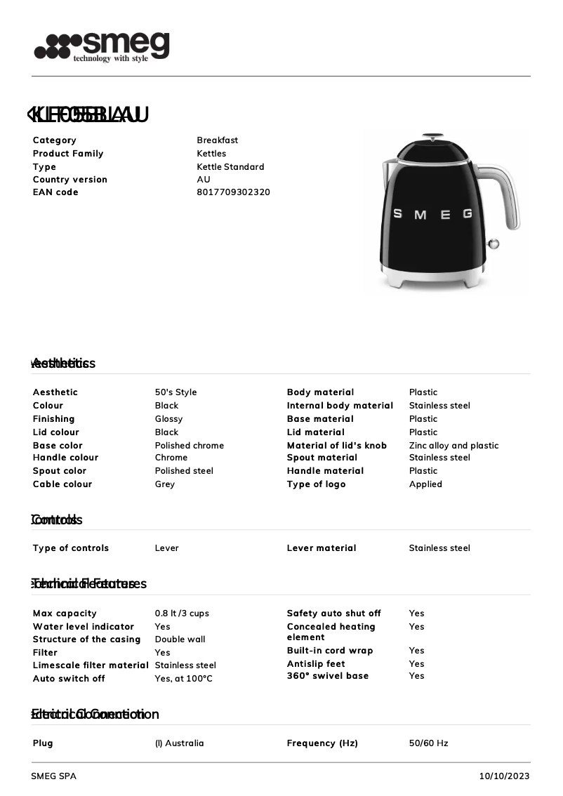 Page 1 de la notice Fiche technique Smeg KLF05