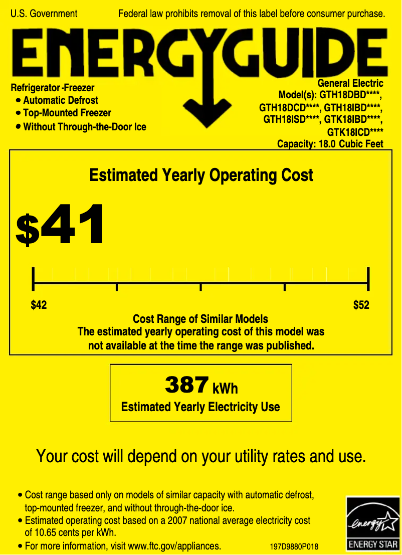 Page 1 de la notice Label énergétique GE GTH18ISDSS