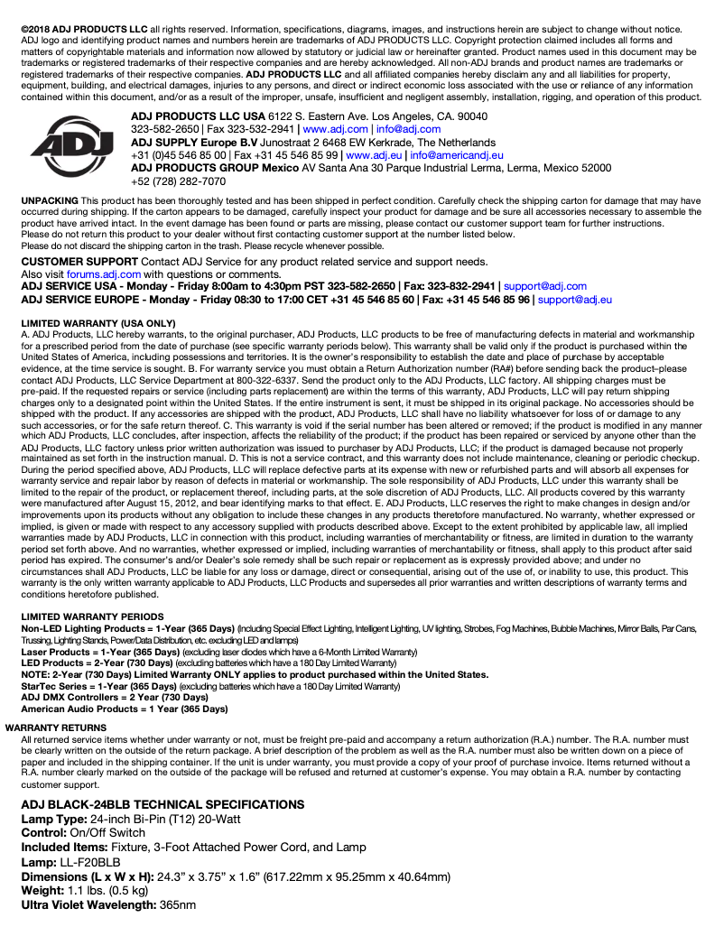 Page 1 de la notice Manuel utilisateur Adj LL-F20BLB