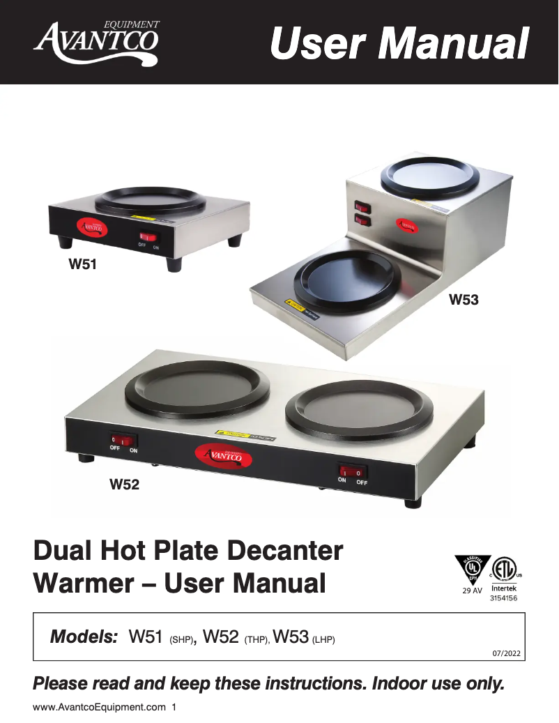 Page 1 de la notice Manuel utilisateur Avantco W53