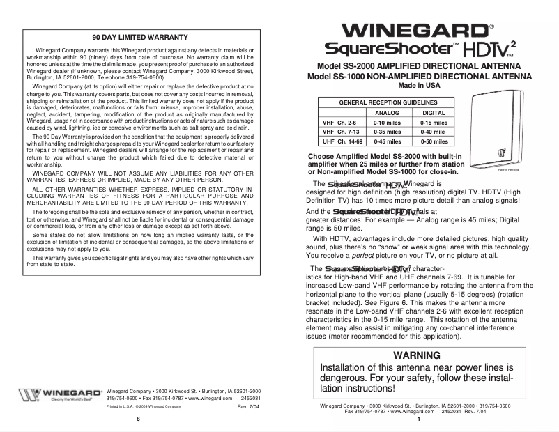 Page 1 of the manual User Manual Winegard SquareShooter SS-2000