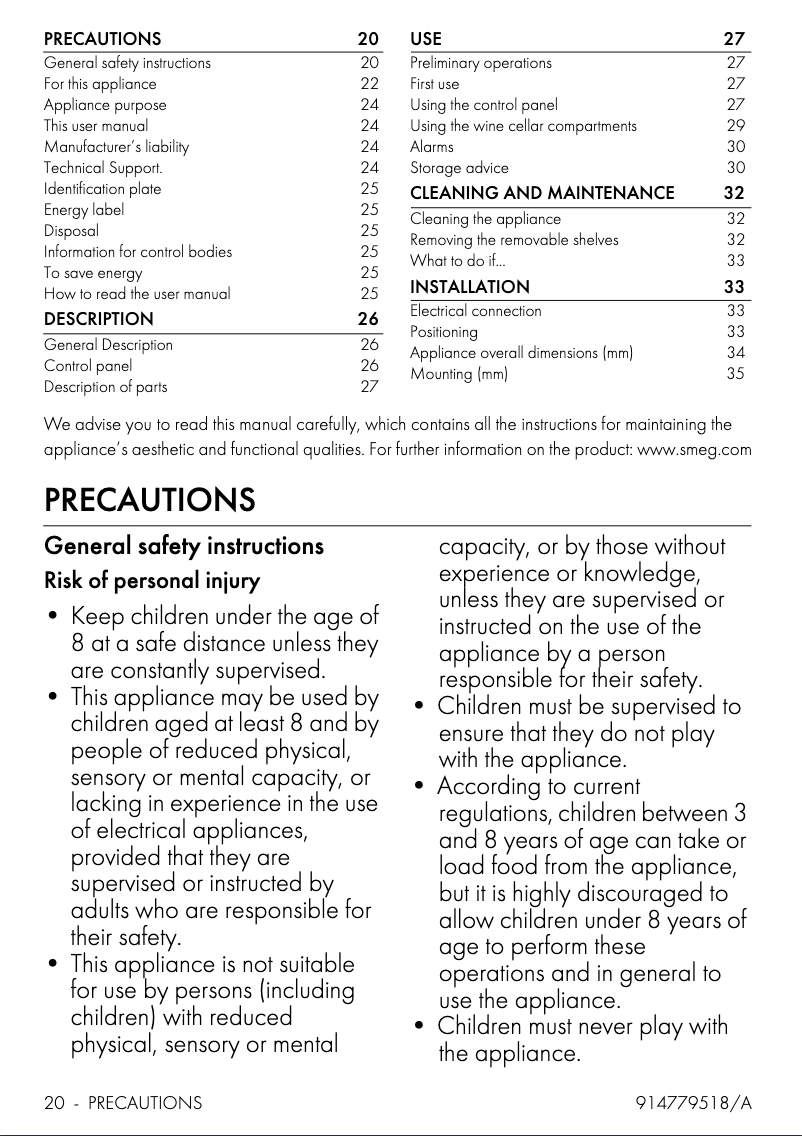 Page 1 de la notice Manuel utilisateur Smeg CVI138LS3