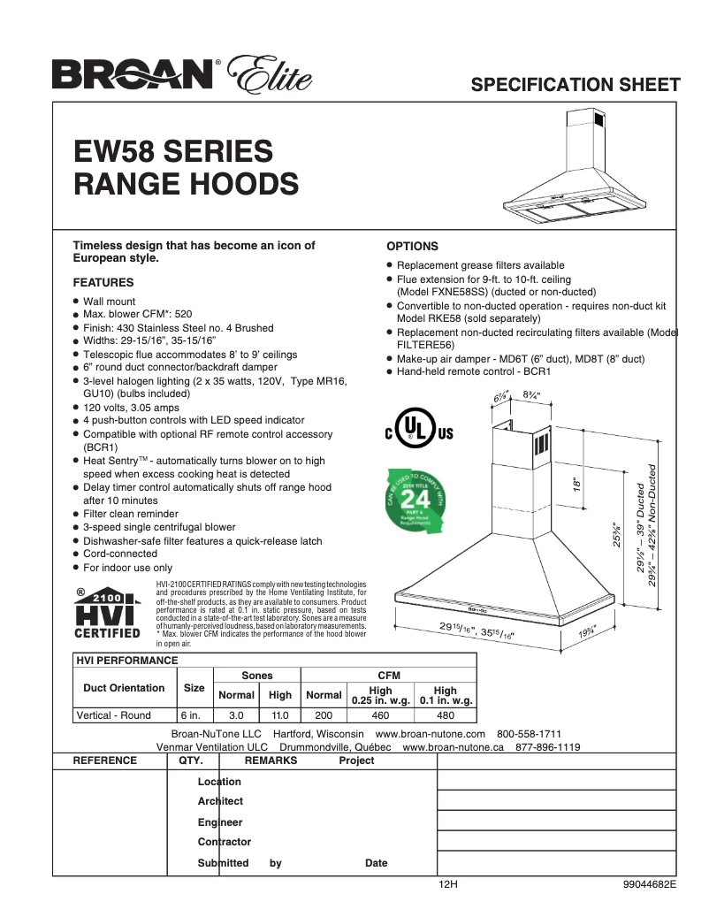 Página 1 del manual Ficha técnica Broan EW5836SS