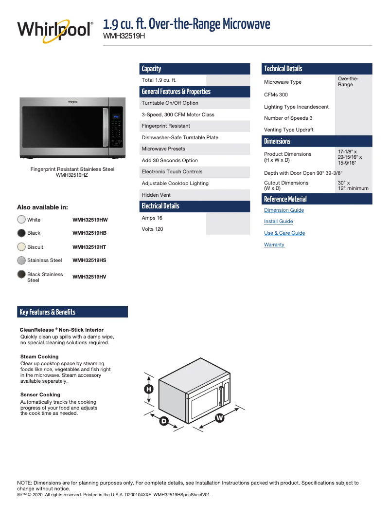 Página 1 del manual Ficha técnica Whirlpool WMH32519HV