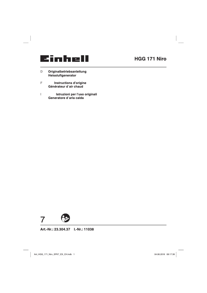 Page 1 de la notice Manuel utilisateur Einhell HGG 171 Niro
