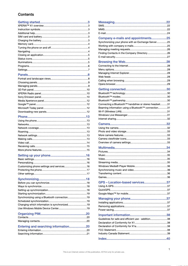 Page 1 de la notice Manuel utilisateur Sony Xperia X1