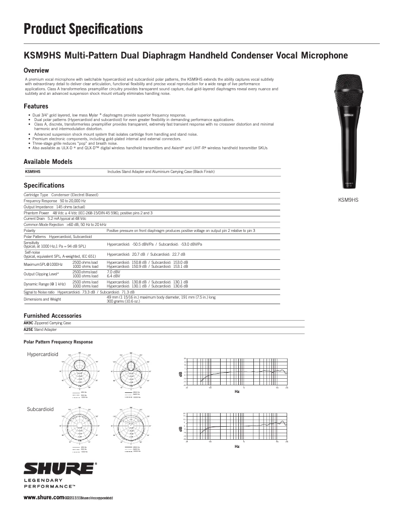 Page 1 de la notice Fiche technique Shure KSM9HS