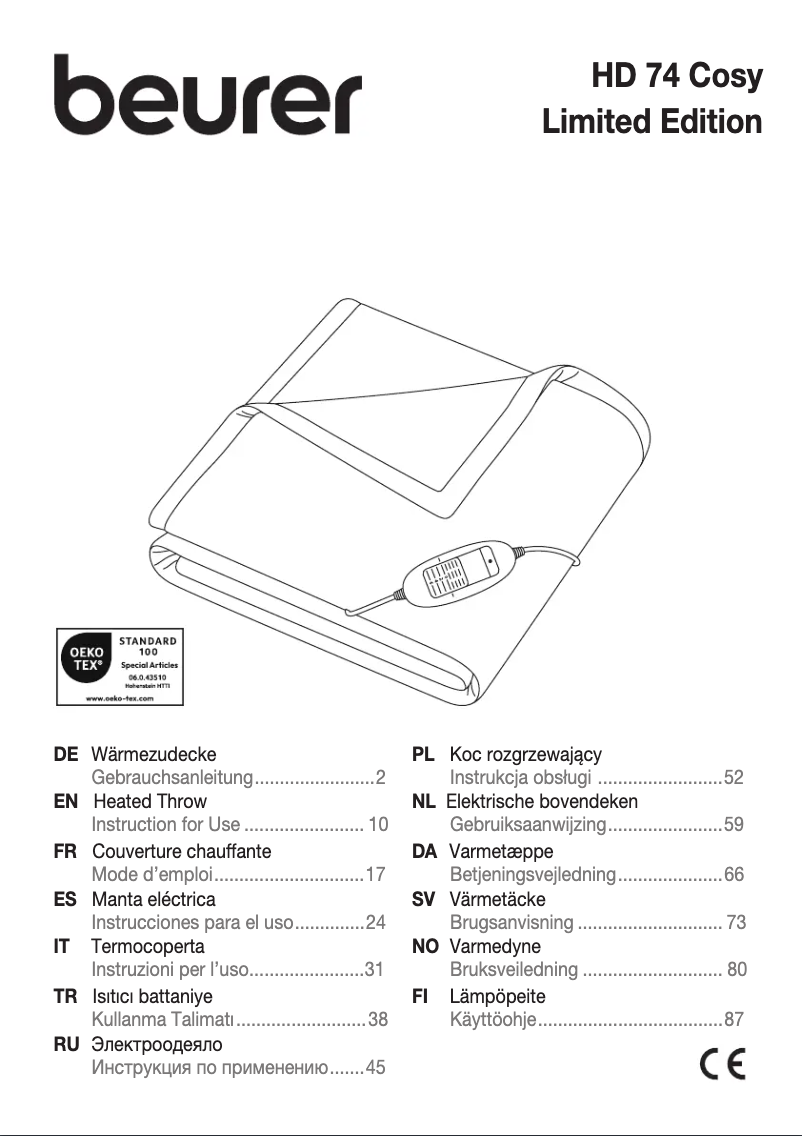 Page 1 de la notice Manuel utilisateur Beurer HD 74 Cosy