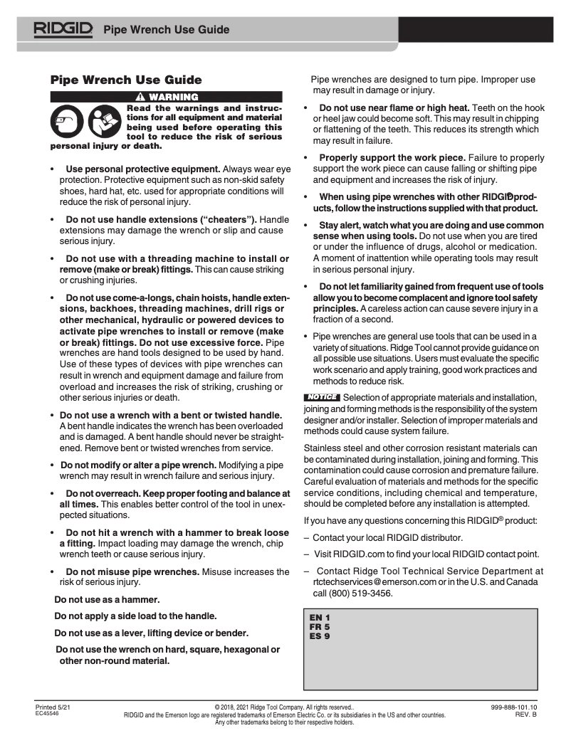 Page 1 de la notice Manuel utilisateur Ridgid E-6