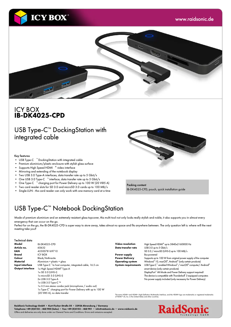 Page 1 de la notice Fiche technique Icy Box IB-DK4025-CPD