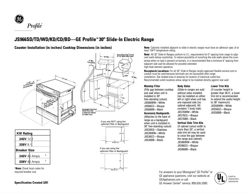 Page 1 de la notice Fiche technique GE Profile JS966SDSS