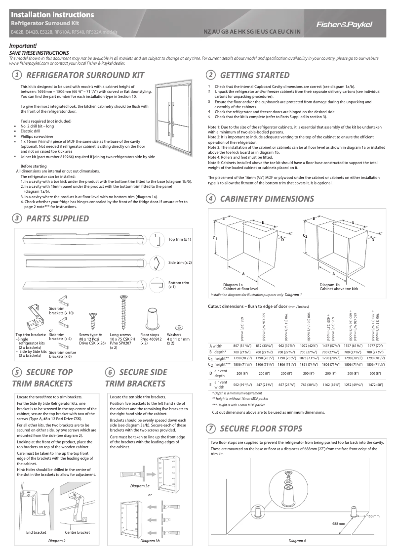 Page 1 de la notice Guide d'installation Fisher & Paykel RF522WDRUX4