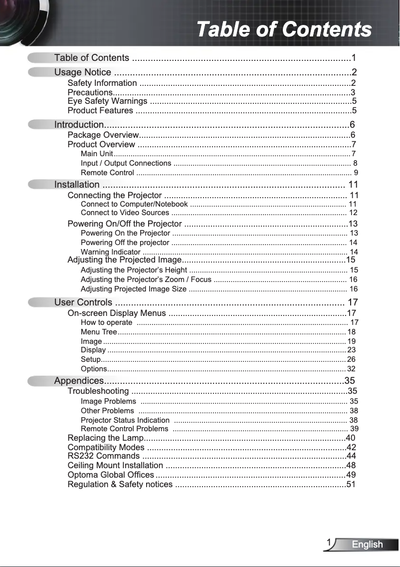 Page 1 de la notice Manuel utilisateur Optoma DS316L