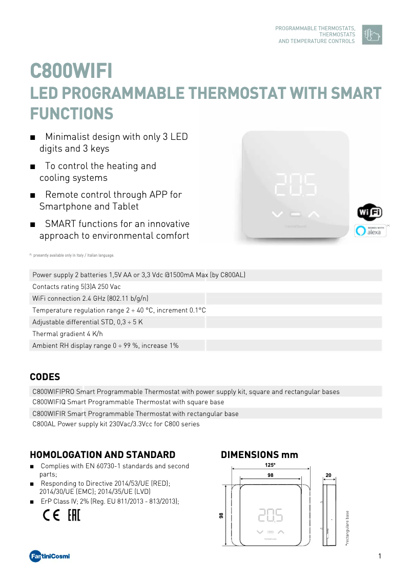 Page 1 of the manual Technical Sheet Fantini Cosmi C800WIFIPRO