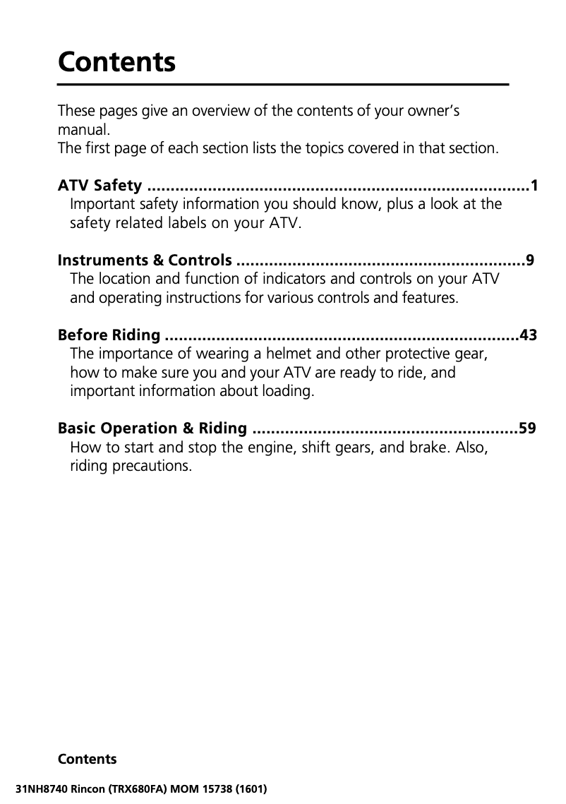 Page 1 de la notice Manuel utilisateur Honda FourTrax Rincon TRX680FA(2017)