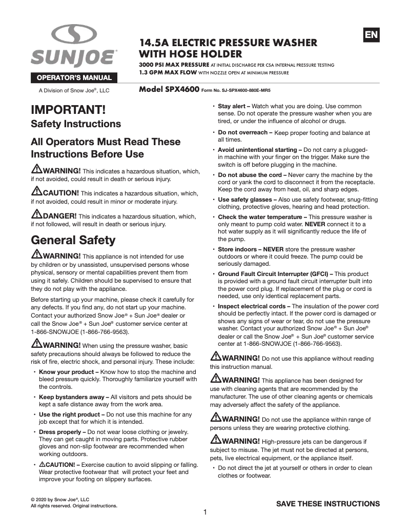 Page 1 de la notice Manuel utilisateur Sun Joe SPX4600