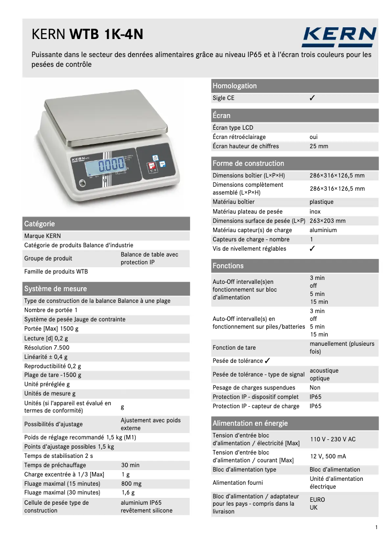 Page 1 de la notice Fiche technique Kern WTB 1K-4N