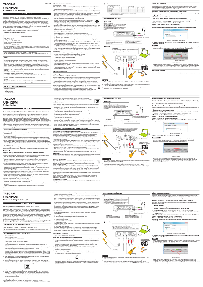 Page 1 of the manual Quick Start Guide Tascam US-125M