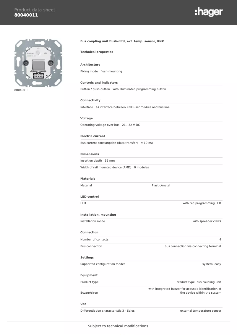 Page 1 de la notice Fiche technique Berker 80040011