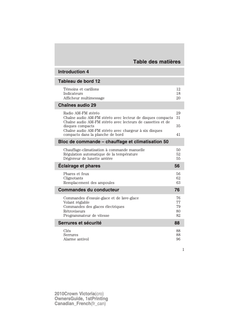 Page 1 de la notice Manuel utilisateur Mercury Grand Marquis (2010)