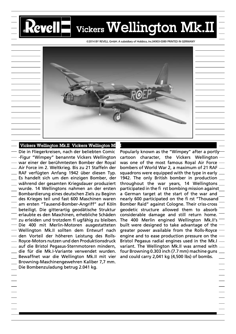 Page 1 de la notice Manuel utilisateur Revell Surf category Vickers Wellington Mk.II