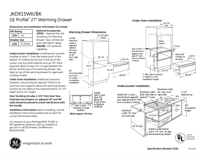 Page 1 of the manual Technical Sheet GE Profile JKD915BKBB