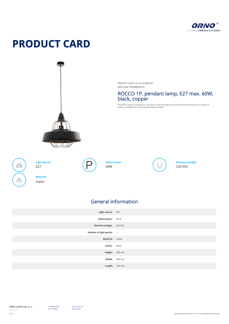 Page 1 de la notice Fiche technique Adviti AD-LD-6223BCE27