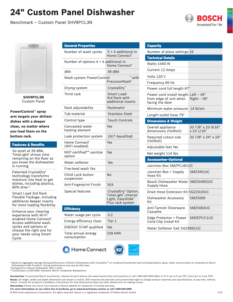 Page 1 de la notice Fiche technique Bosch SHV9PCL3N